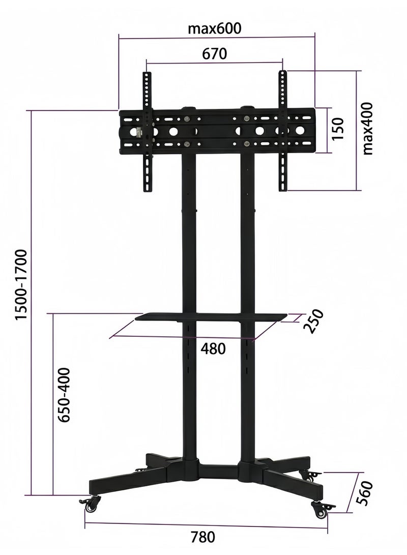 COOLHAWK Mobile TV Stand for 32 to 65 inch TVs | Fits 35 43 50 55 60 65 inch Screen | Heavy-Duty TV Stand with Wheels & Shelf | Adjustable Height | Supports 50Kg Max VESA 600x400 for Majlis, Living Room - Image 2